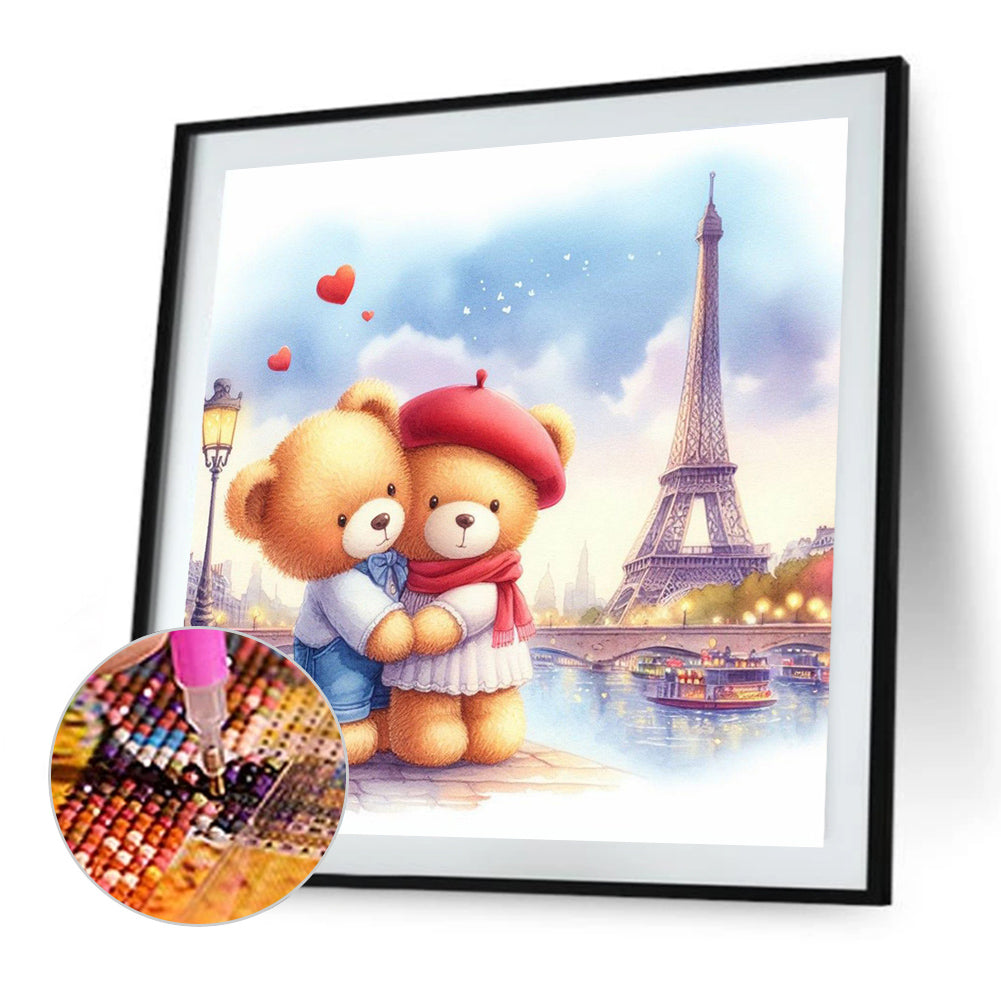 Couple Bears Looking At The Iron Tower - Full Round Drill Diamond Painting 40*40CM