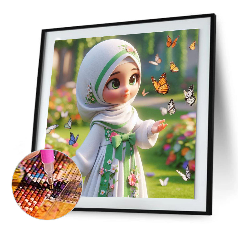 Girl With Butterfly - Full Round Drill Diamond Painting 30*30CM