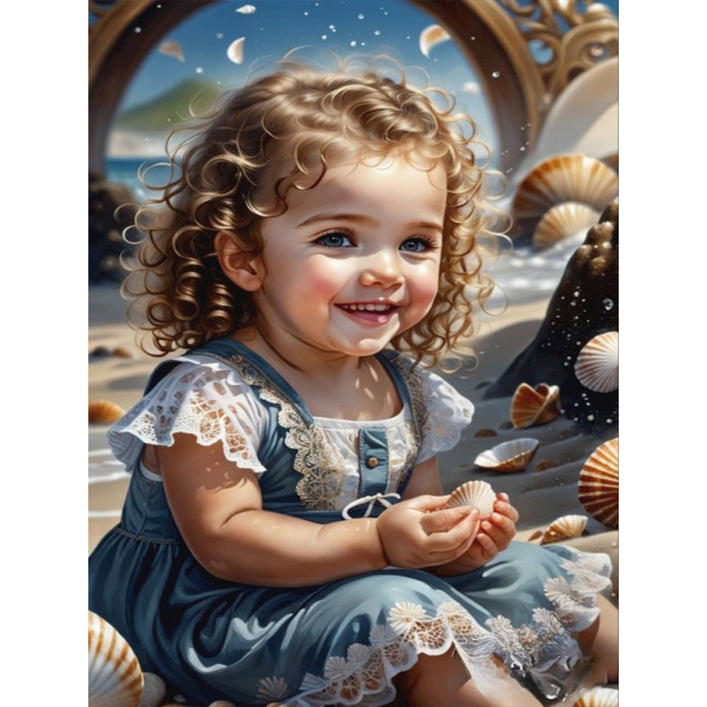 Little Girl Playing At The Beach - Full Round Drill Diamond Painting 30*40CM