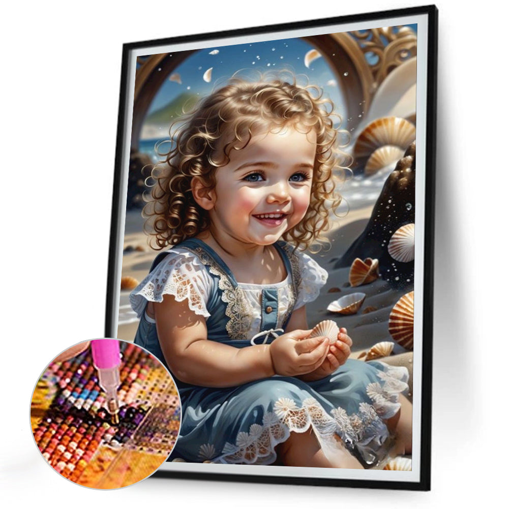 Little Girl Playing At The Beach - Full Round Drill Diamond Painting 30*40CM