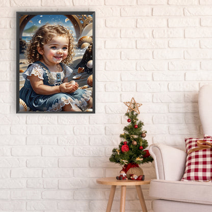 Little Girl Playing At The Beach - Full Round Drill Diamond Painting 30*40CM