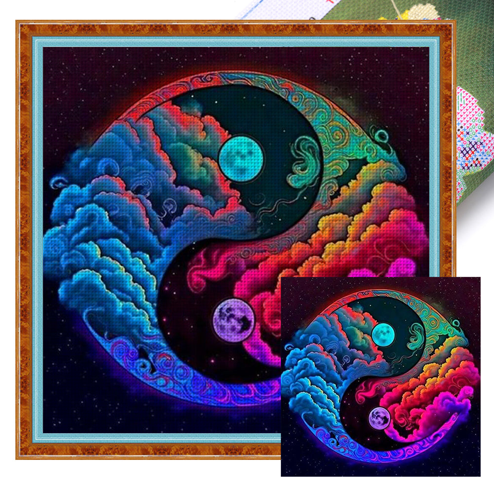 Yin And Yang Diagram - Clouds And Moon - 14CT Stamped Cross Stitch 50*50CM