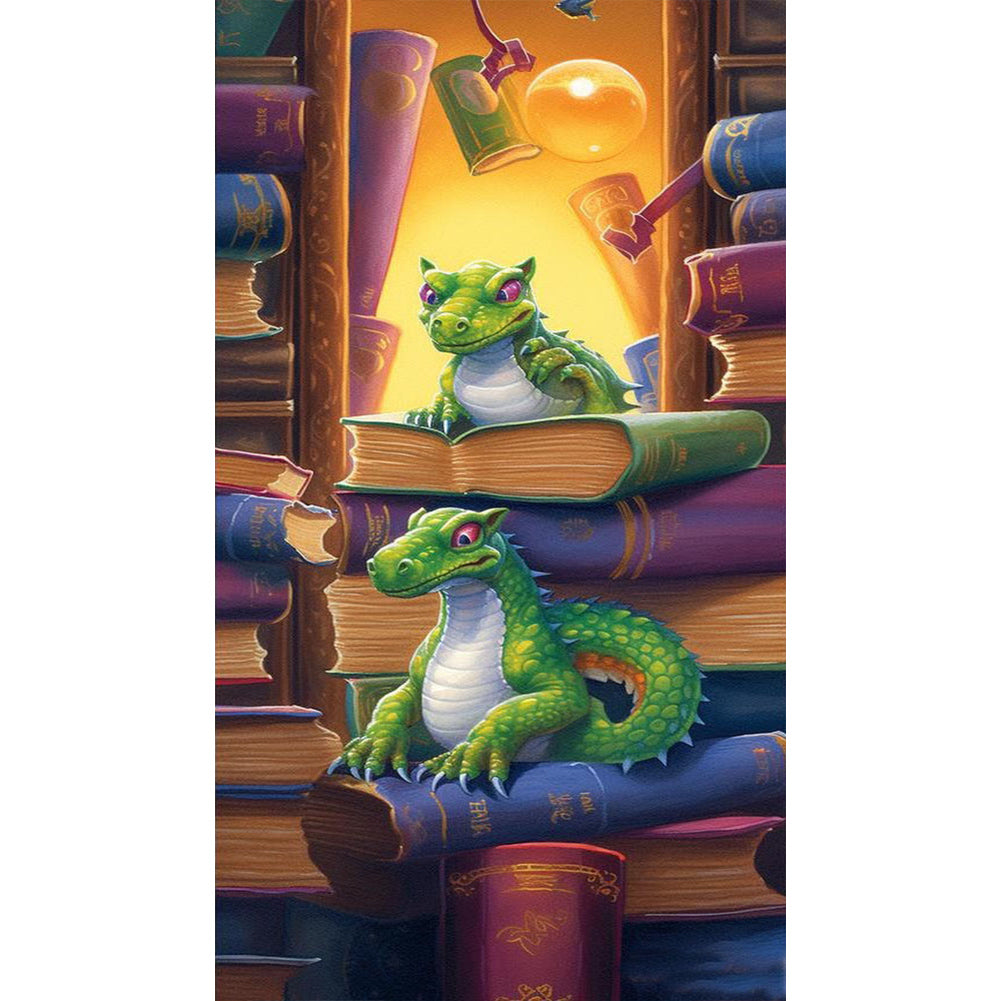 Reading Little Green Dragon - Full Round Drill Diamond Painting 40*70CM