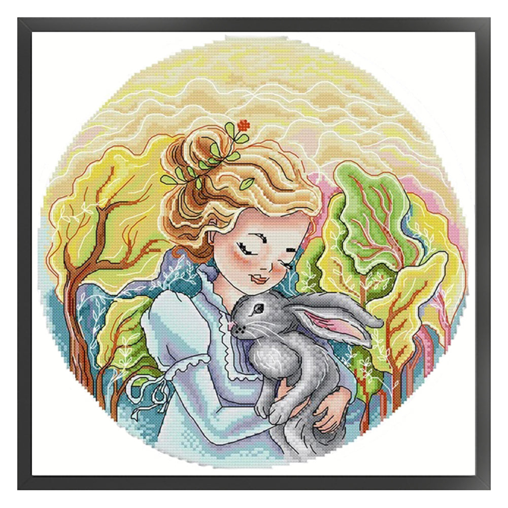 Girl And Bunny - 14CT Stamped Cross Stitch 35*35CM(Joy Sunday)