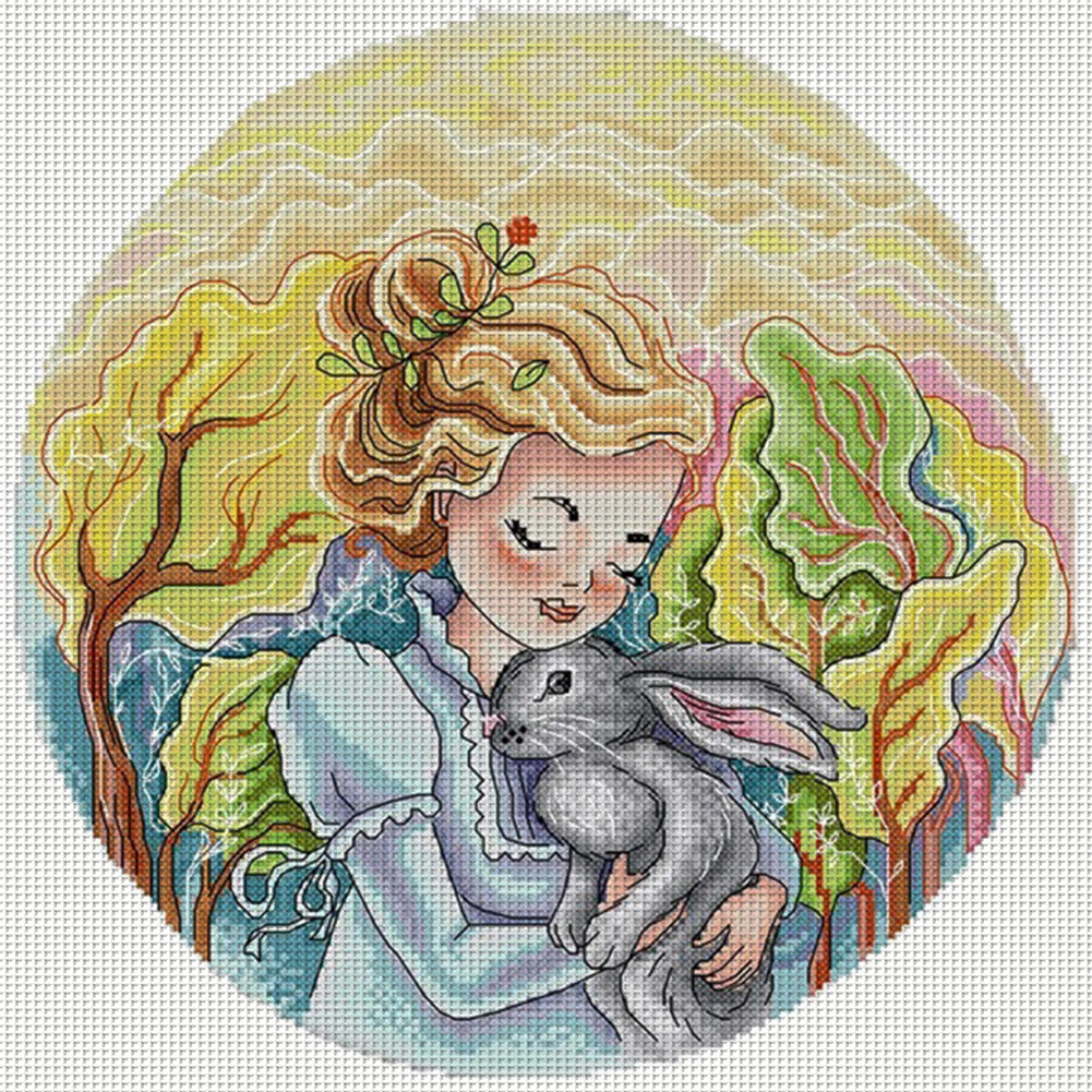 Girl And Bunny - 14CT Stamped Cross Stitch 35*35CM(Joy Sunday)