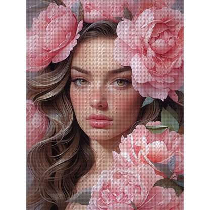 Pink Peony And Woman - 11CT Stamped Cross Stitch 50*65CM