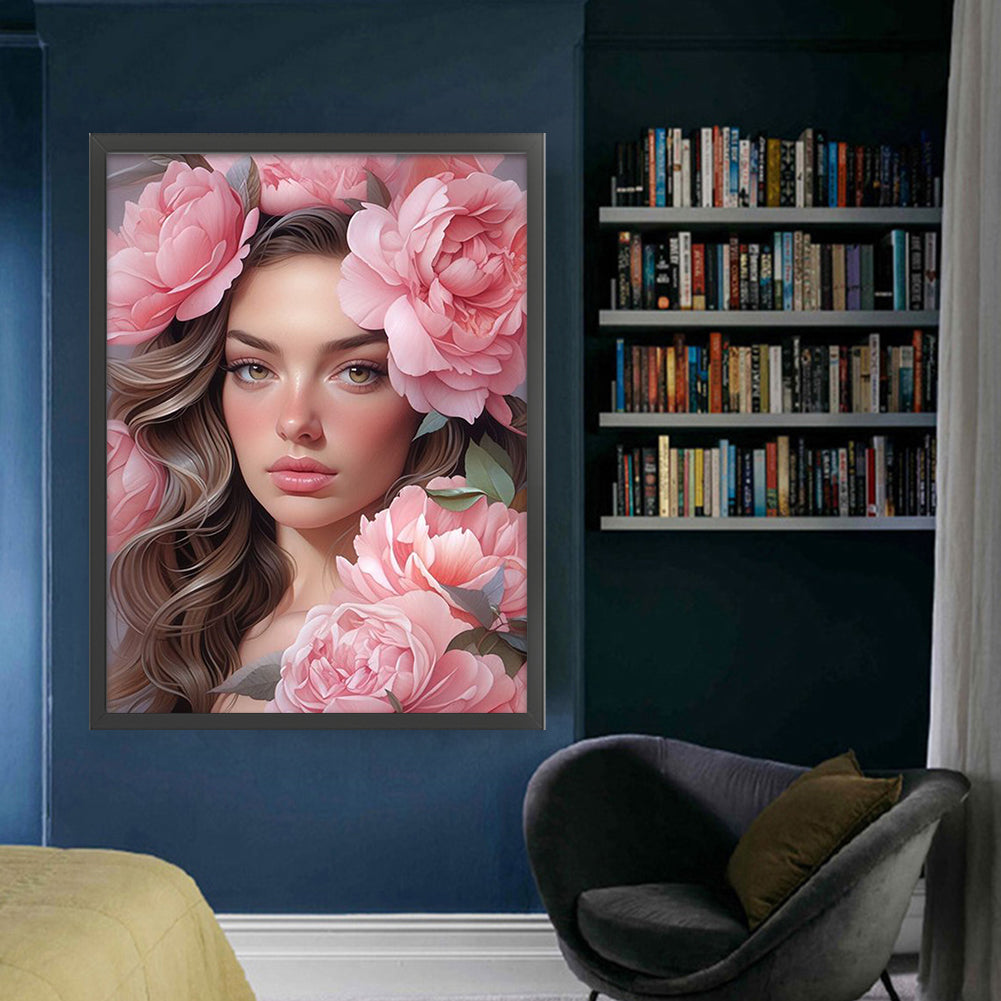 Pink Peony And Woman - 11CT Stamped Cross Stitch 50*65CM