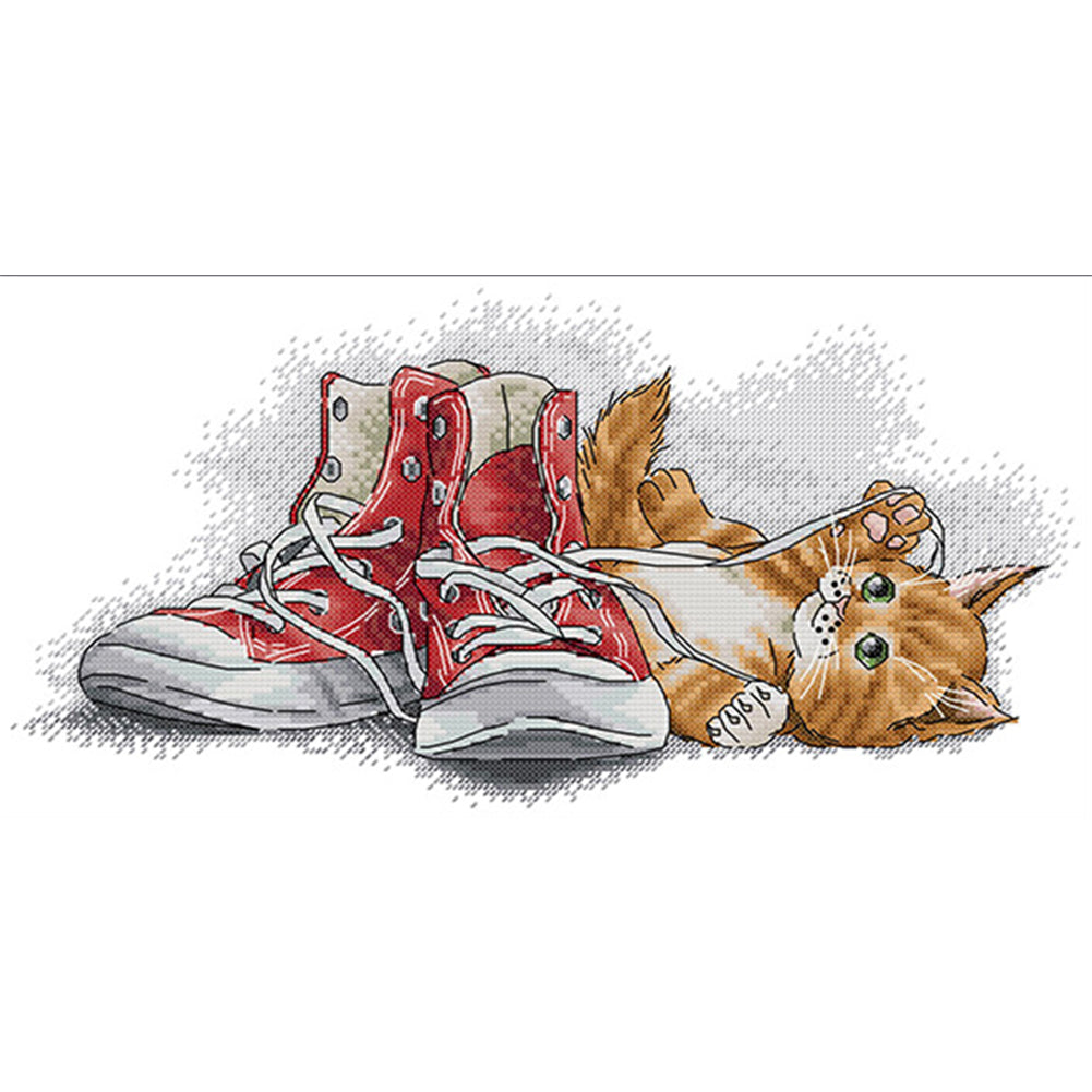 Little Yellow Cat Playing With Shoelaces - 14CT Stamped Cross Stitch 40*21CM(Joy Sunday)