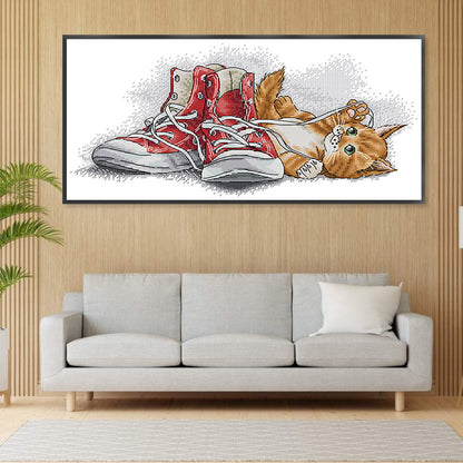 Little Yellow Cat Playing With Shoelaces - 14CT Stamped Cross Stitch 40*21CM(Joy Sunday)