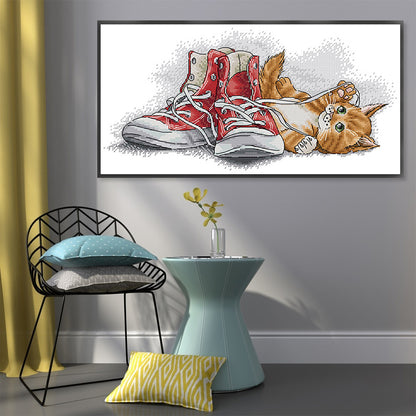 Little Yellow Cat Playing With Shoelaces - 14CT Stamped Cross Stitch 40*21CM(Joy Sunday)