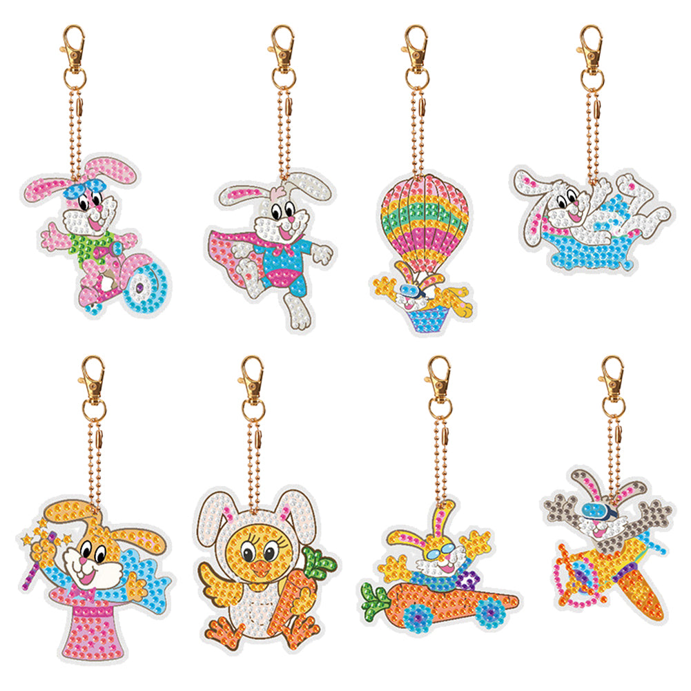 8PCS Double Sided Diamond Painting Keychain for Beginners (Cartoon Rabbit)