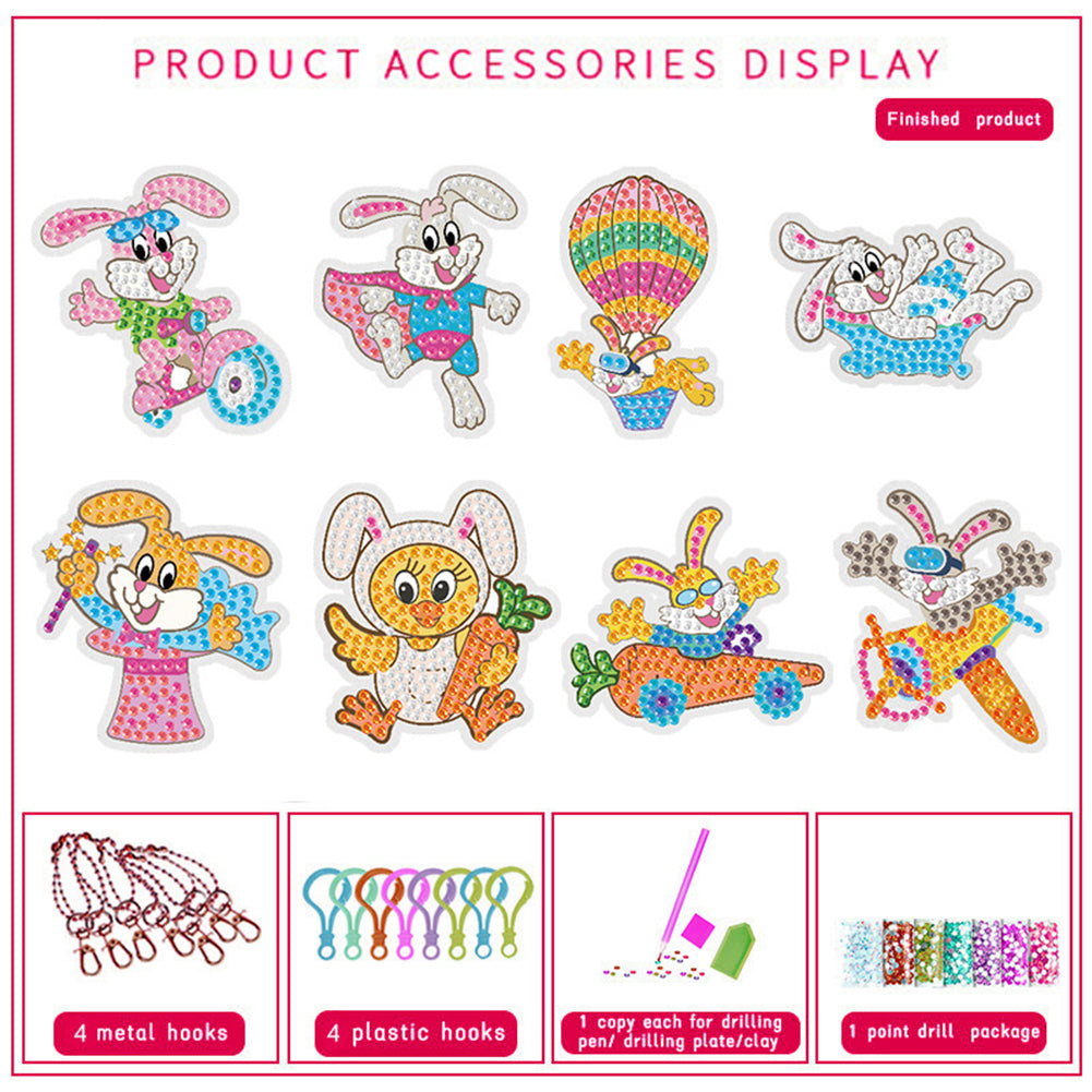 8PCS Double Sided Diamond Painting Keychain for Beginners (Cartoon Rabbit)