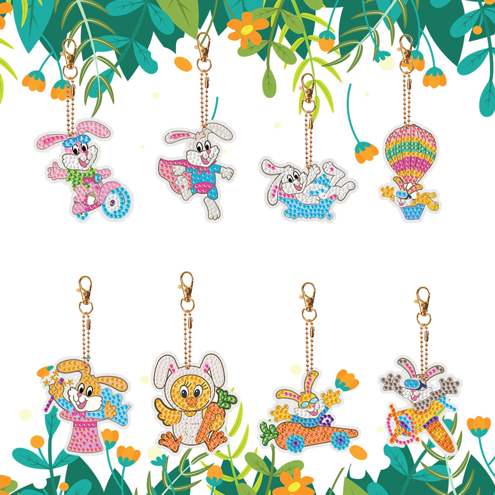 8PCS Double Sided Diamond Painting Keychain for Beginners (Cartoon Rabbit)