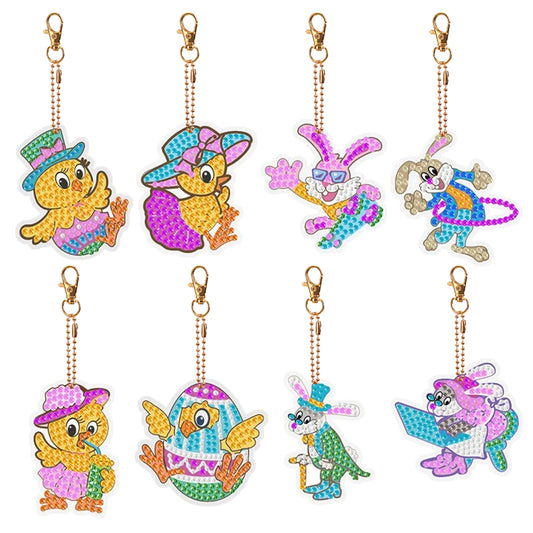 8PCS Double Sided Diamond Painting Keychain for Beginners (Cartoon Rabbit Duck)