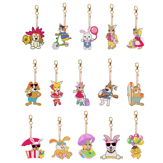 15PCS Double Sided Diamond Painting Keychain for Beginners (Cartoon Animals)