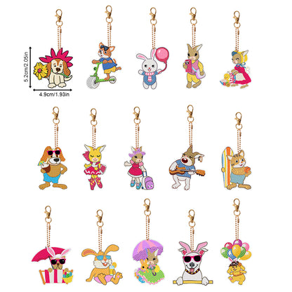 15PCS Double Sided Diamond Painting Keychain for Beginners (Cartoon Animals)