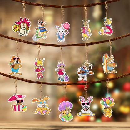 15PCS Double Sided Diamond Painting Keychain for Beginners (Cartoon Animals)