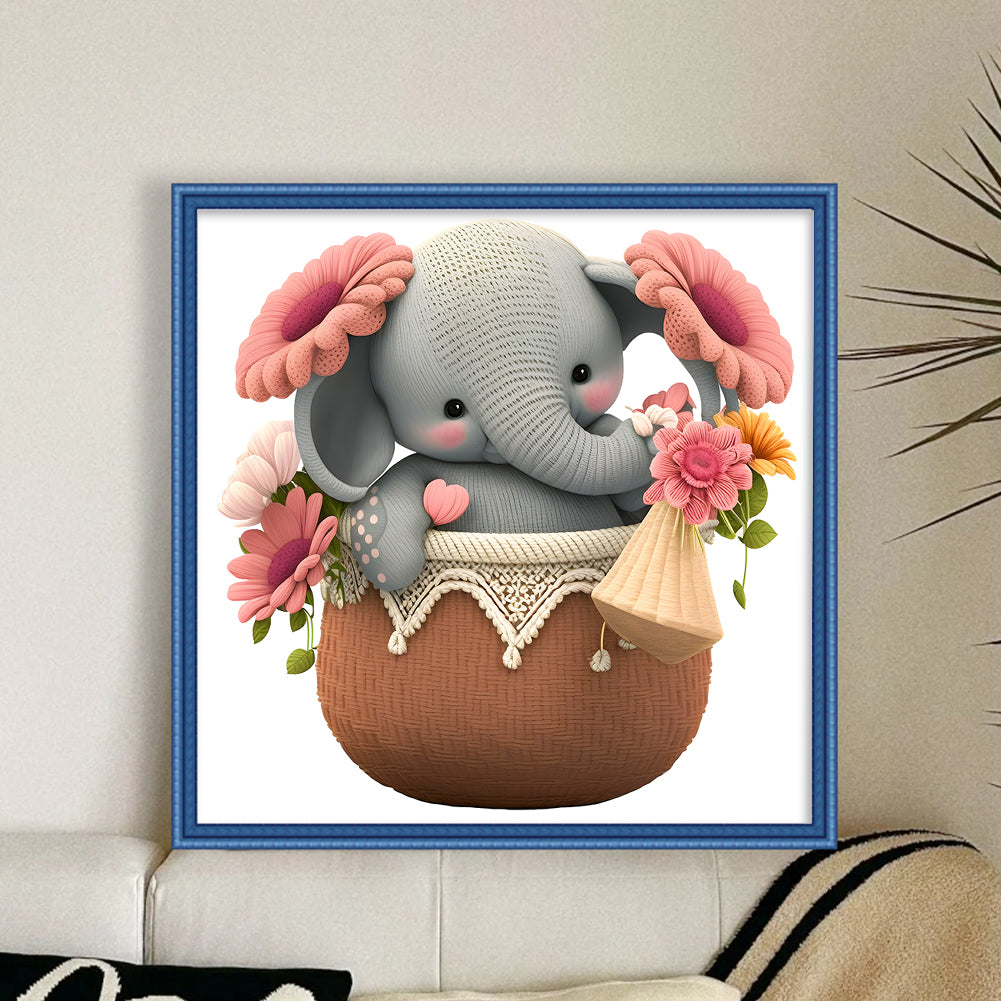 Elephant In Basket - 18CT Stamped Cross Stitch 30*30CM