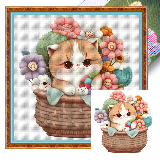 Cat In Basket - 18CT Stamped Cross Stitch 30*30CM