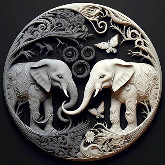 Black And White Elephant Relief Illustration - Full Round Drill Diamond Painting 30*30CM