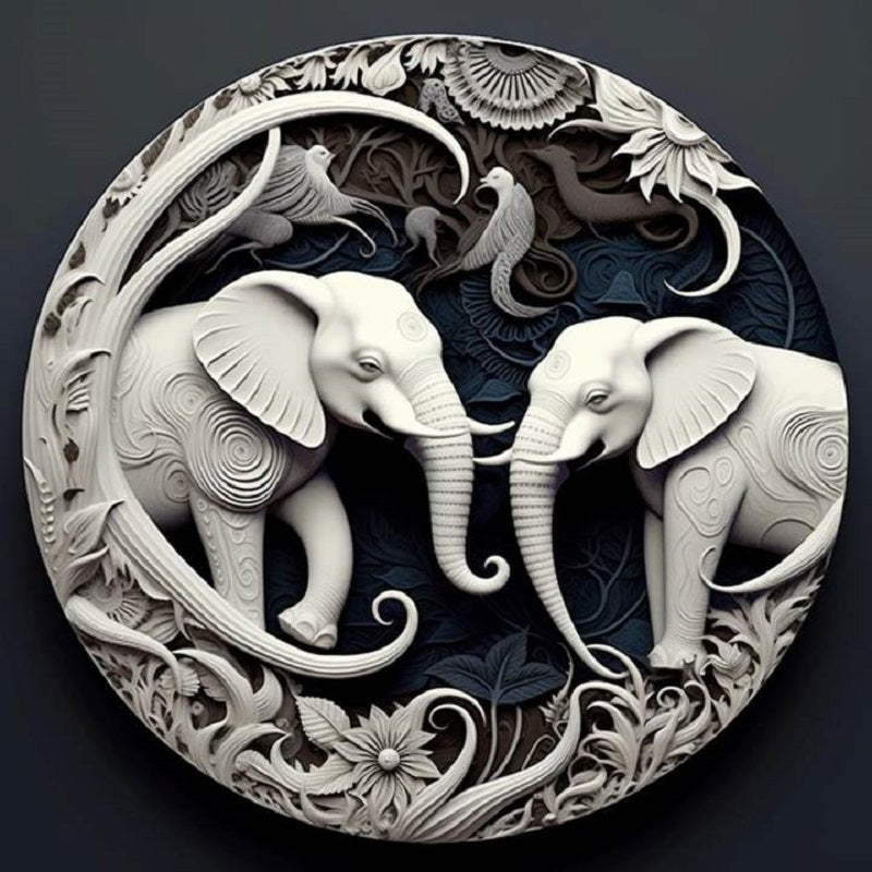 White Elephant Relief Illustration - Full Round Drill Diamond Painting 30*30CM