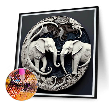 White Elephant Relief Illustration - Full Round Drill Diamond Painting 30*30CM