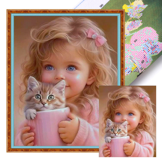 Blonde Girl And Kitten - 11CT Stamped Cross Stitch 40*50CM