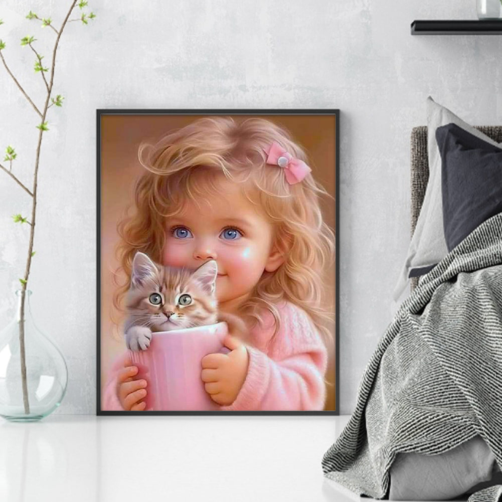 Blonde Girl And Kitten - 11CT Stamped Cross Stitch 40*50CM