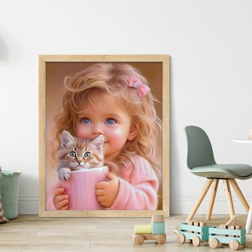 Blonde Girl And Kitten - 11CT Stamped Cross Stitch 40*50CM