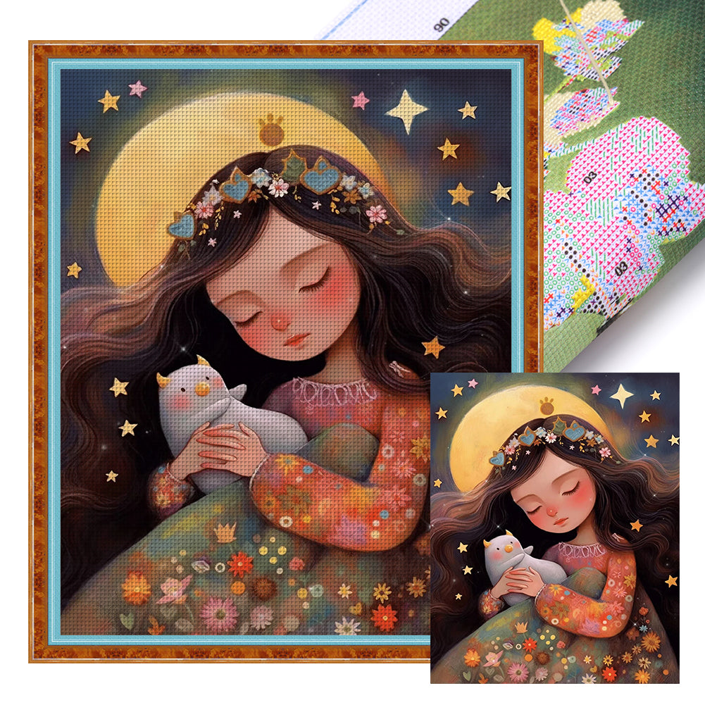 Sleeping Girl And Kitten - 11CT Stamped Cross Stitch 40*50CM