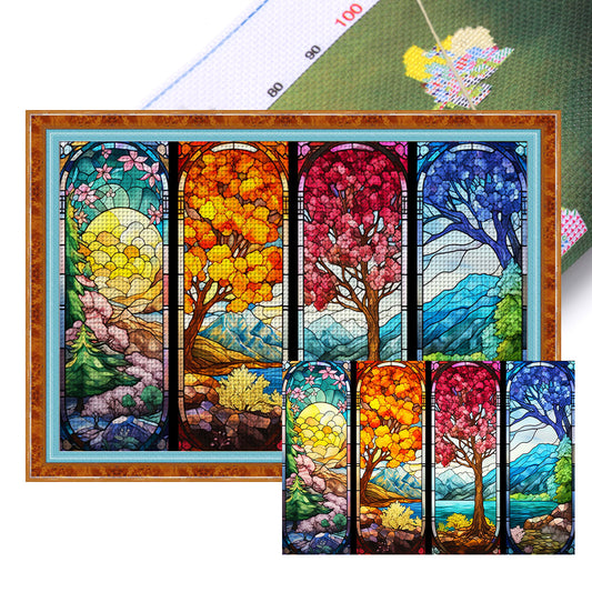 Glass Painting-Four Seasons Tree - 11CT Stamped Cross Stitch 60*40CM