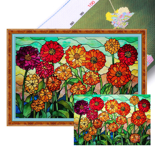 Glass Painting-Flowers - 11CT Stamped Cross Stitch 60*40CM