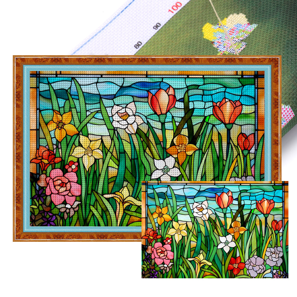 Glass Painting-Flowers - 11CT Stamped Cross Stitch 60*40CM