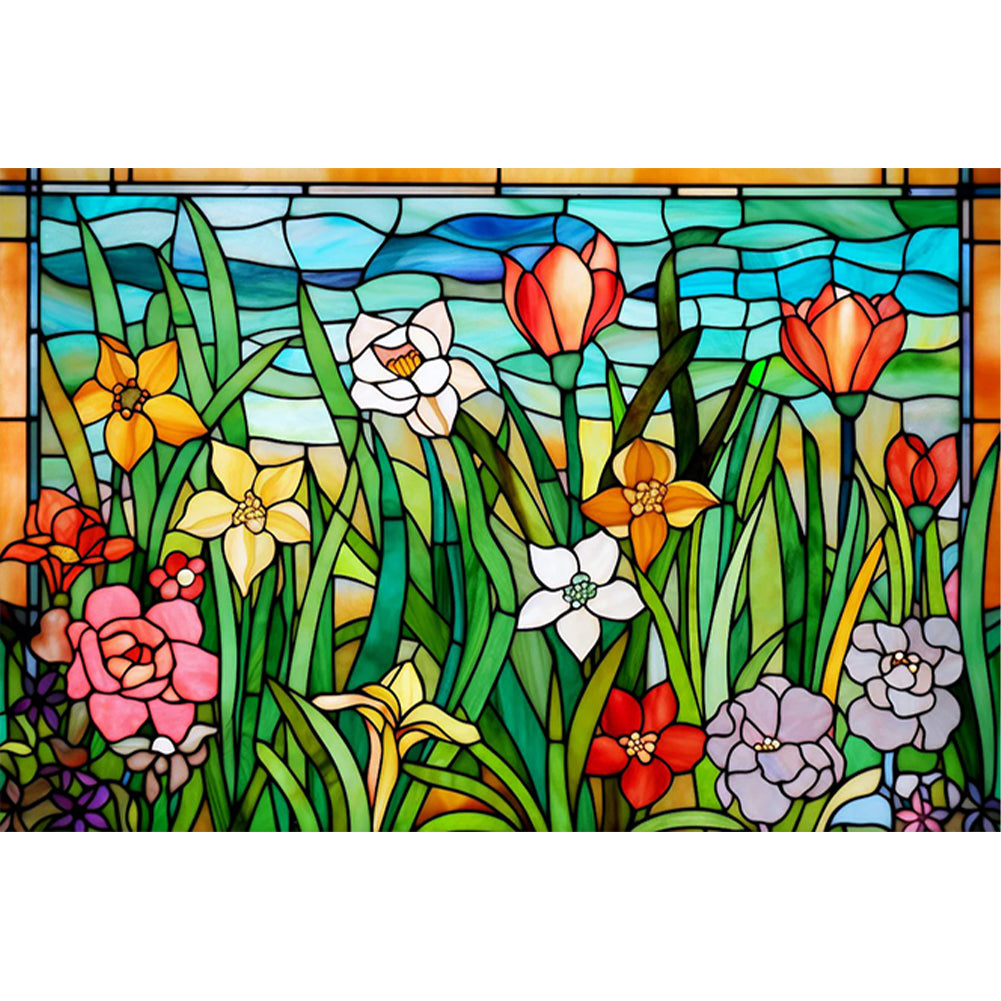 Glass Painting-Flowers - 11CT Stamped Cross Stitch 60*40CM