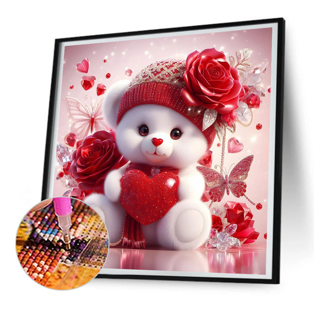 Love Rose Little White Bear - Full Round Drill Diamond Painting 30*30CM