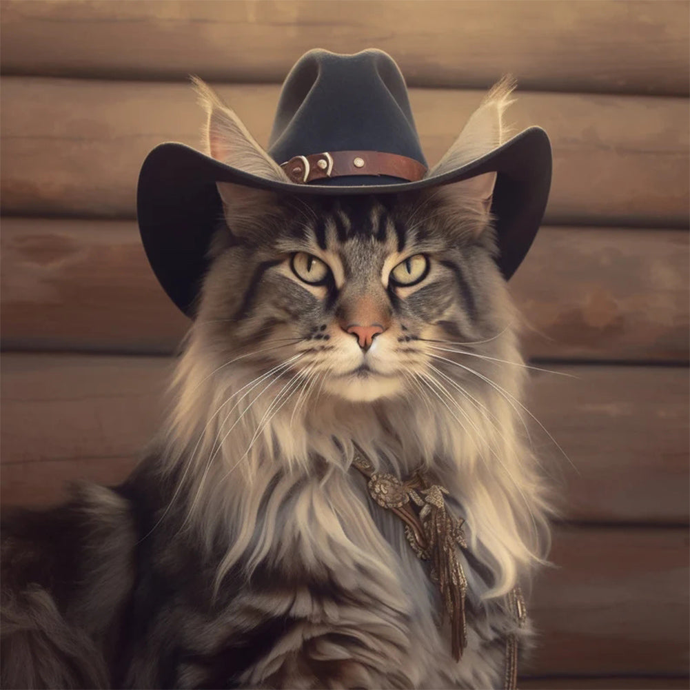 Desert Cool Cowboy Long Haired Cat - Full Round Drill Diamond Painting 30*30CM