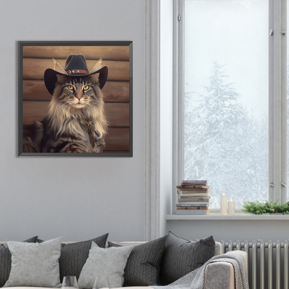 Desert Cool Cowboy Long Haired Cat - Full Round Drill Diamond Painting 30*30CM