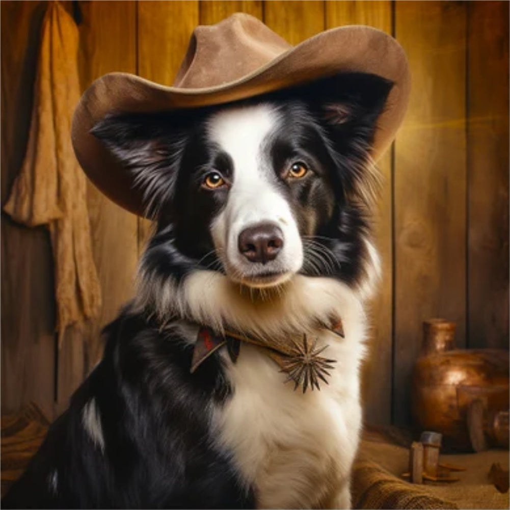 Desert Cool Cowboy Border Collie - Full Round Drill Diamond Painting 30*30CM