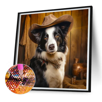 Desert Cool Cowboy Border Collie - Full Round Drill Diamond Painting 30*30CM