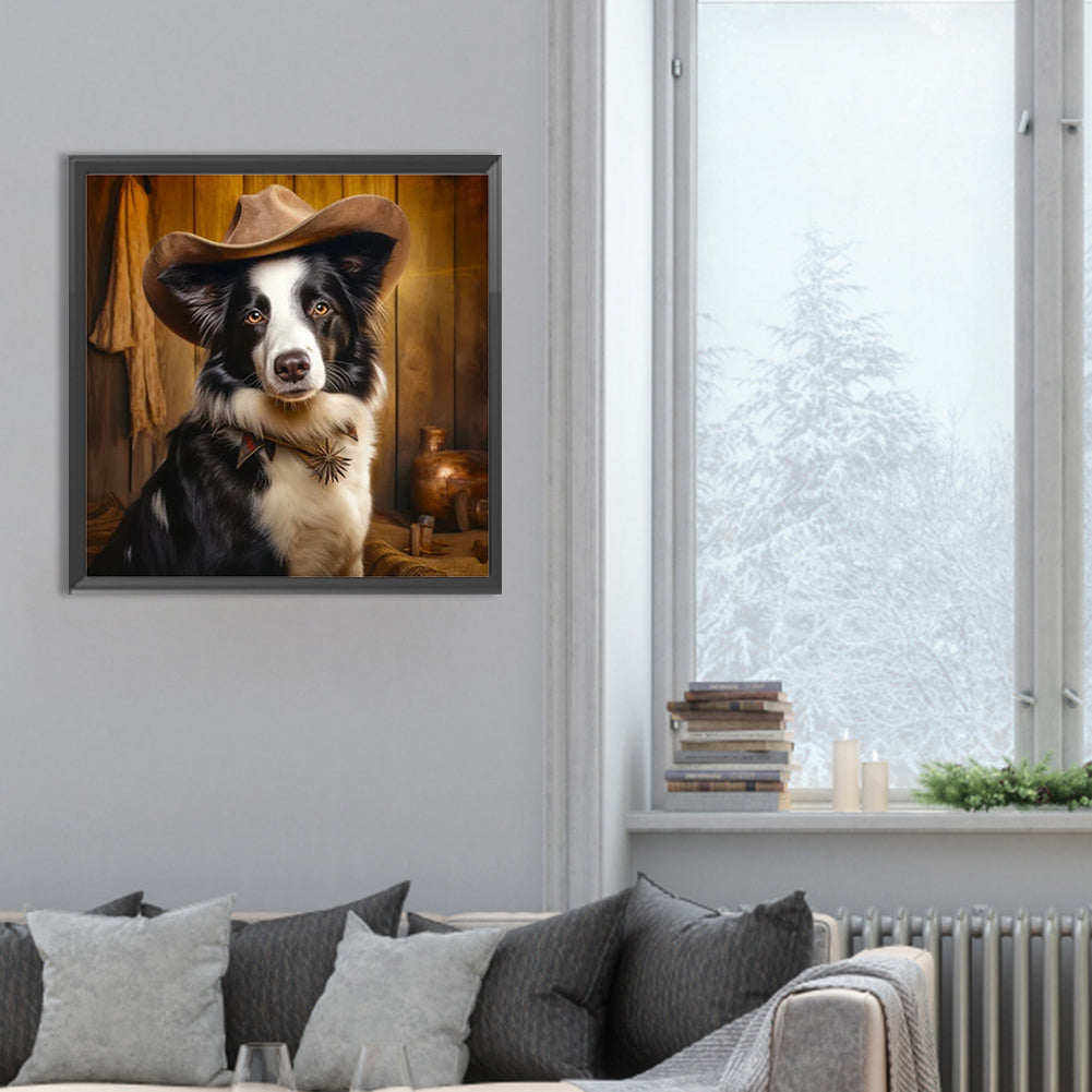 Desert Cool Cowboy Border Collie - Full Round Drill Diamond Painting 30*30CM