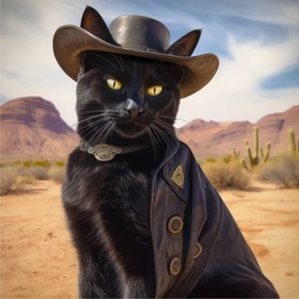 Desert Cool Cowboy Black Cat - Full Round Drill Diamond Painting 30*30CM