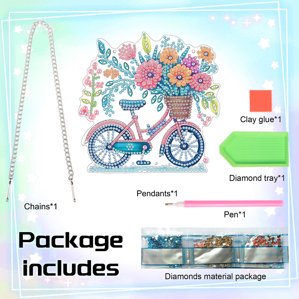 Acrylic Bicycle Flowers Single-Sided 5D DIY Diamond Painting Hanging Pendant