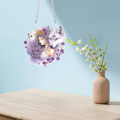 Acrylic Girl and Fox Single-Sided 5D DIY Diamond Painting Hanging Pendant