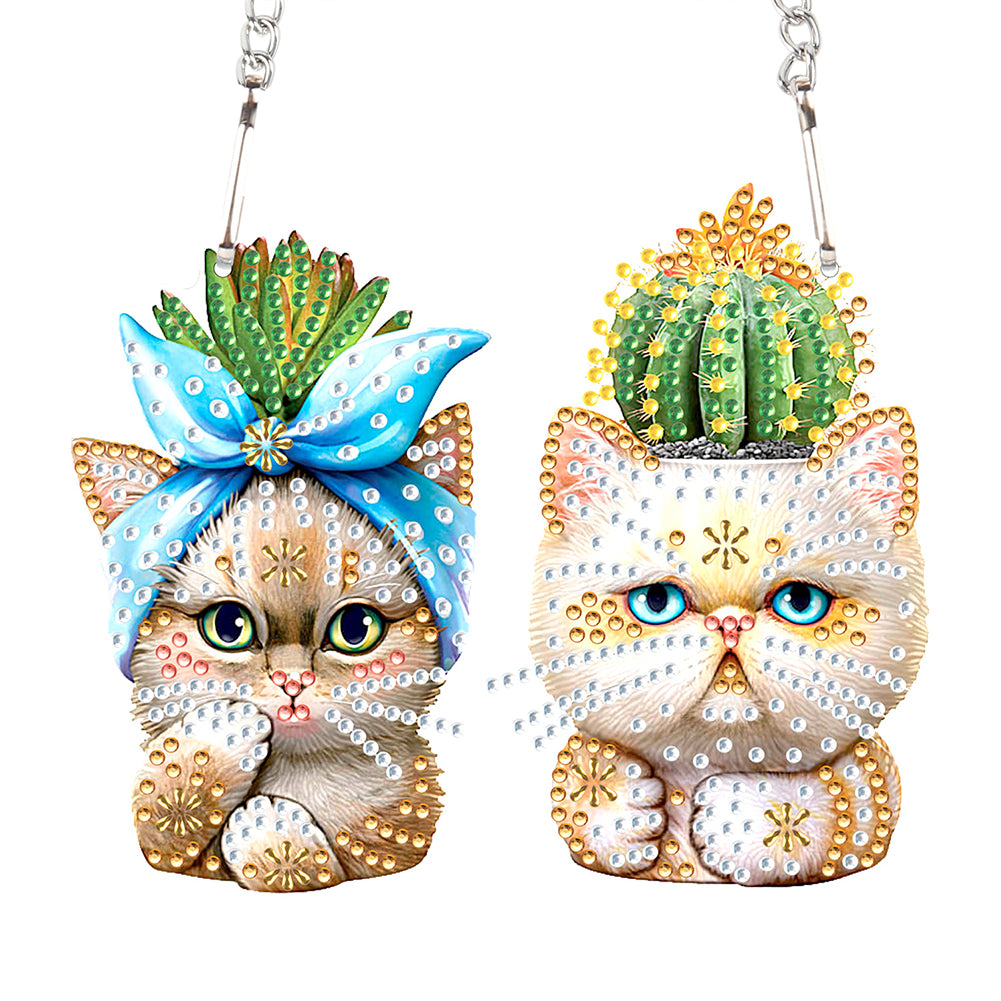 Acrylic Cactus and Cat Single-Sided 5D DIY Diamond Painting Hanging Pendant