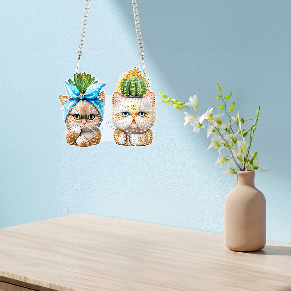 Acrylic Cactus and Cat Single-Sided 5D DIY Diamond Painting Hanging Pendant