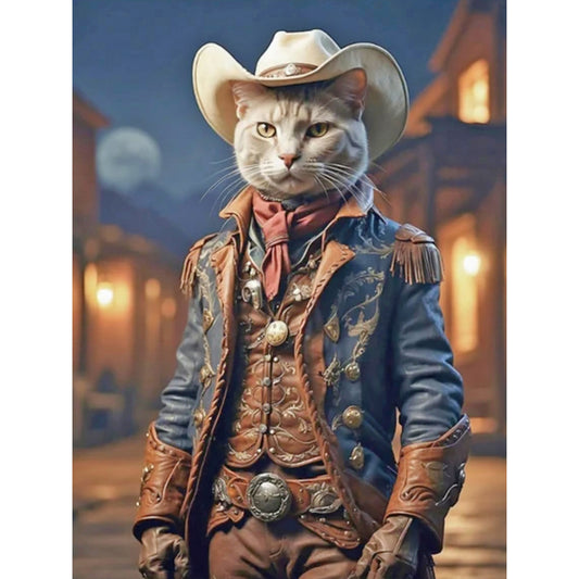 Handsome Western Cowboy Kitten - Full Round Drill Diamond Painting 30*40CM