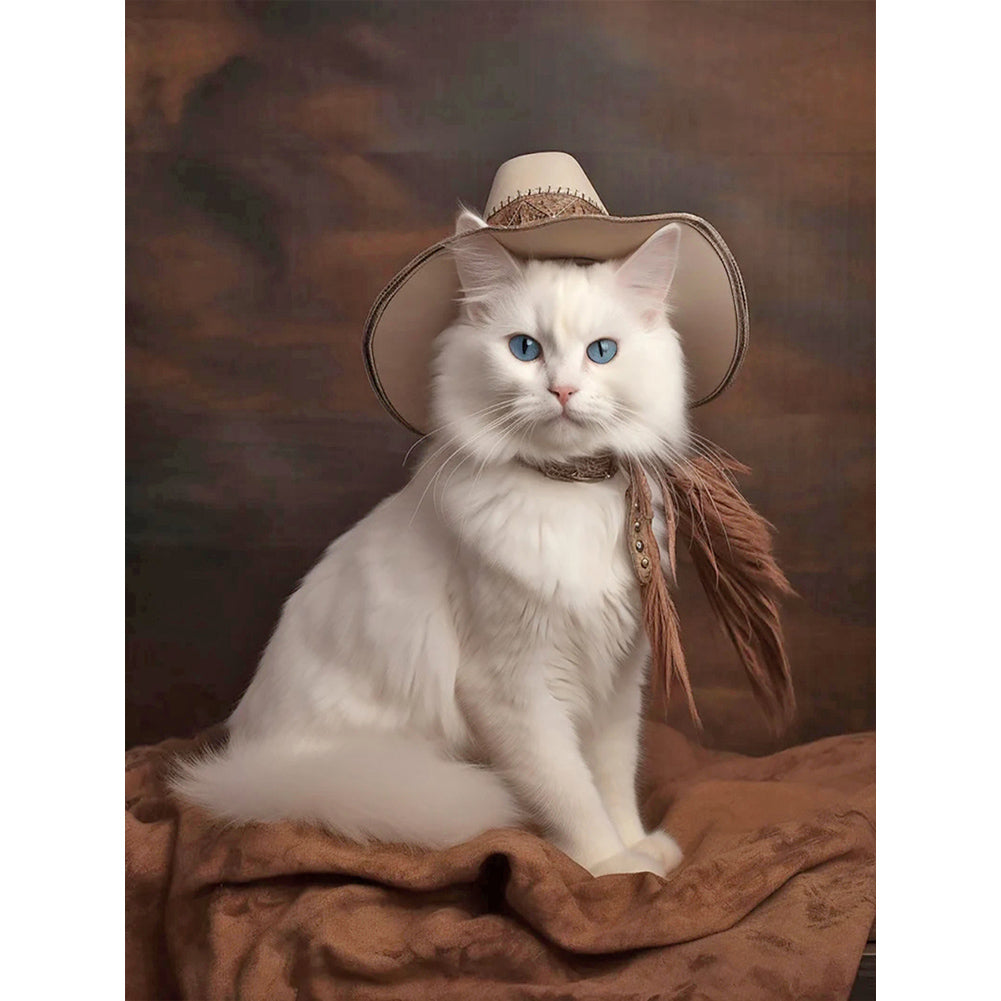 Western Handsome Cowboy White Cat - Full Round Drill Diamond Painting 30*40CM