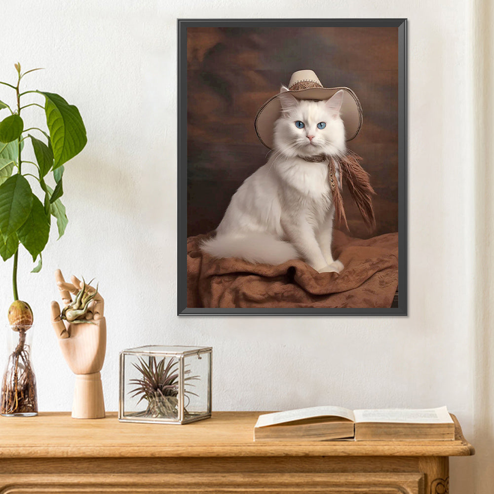 Western Handsome Cowboy White Cat - Full Round Drill Diamond Painting 30*40CM