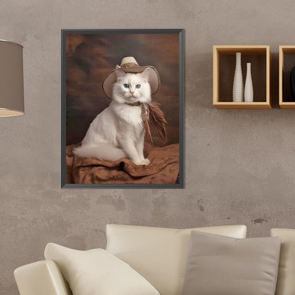 Western Handsome Cowboy White Cat - Full Round Drill Diamond Painting 30*40CM