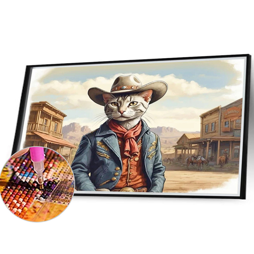 Handsome Western Cowboy Kitten - Full Round Drill Diamond Painting 40*30CM